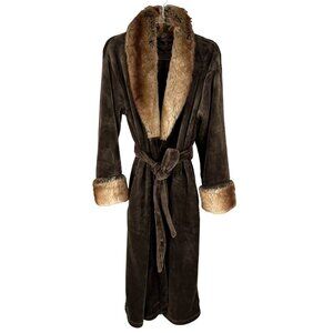 Adrienne Landau Womens L Faux Fox Fur Trim Robe Belted Cozy Plush Quiet Luxury